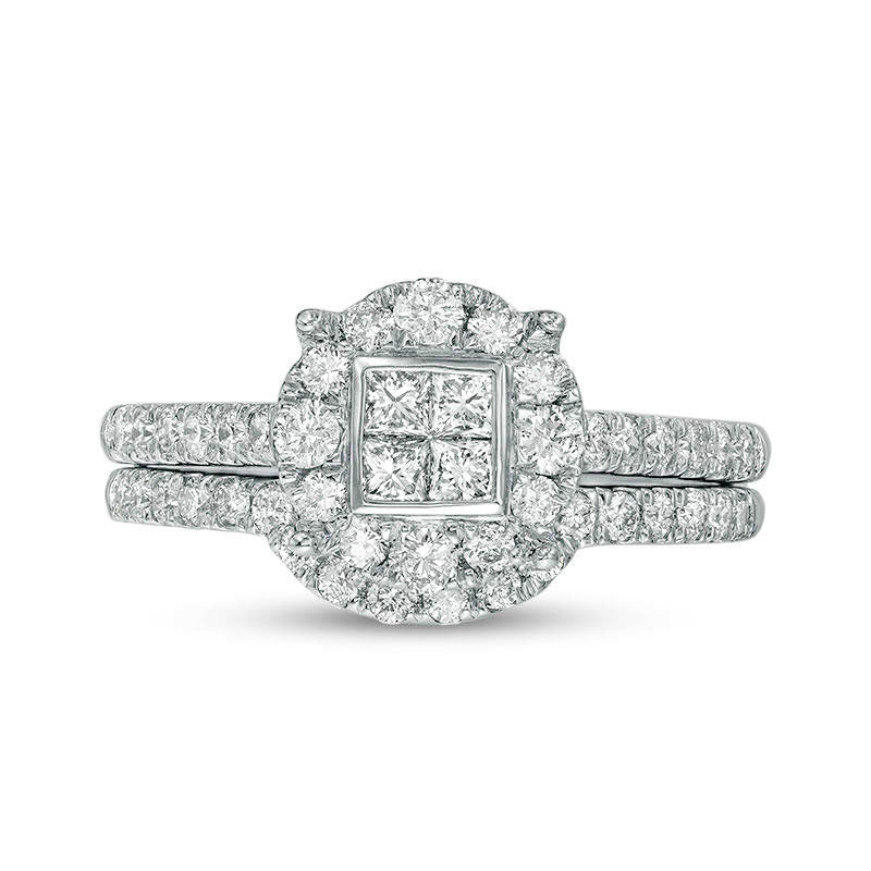 1.0 CT. T.W. Quad Princess-Cut Natural Diamond Frame Bridal Engagement Ring Set in Solid 10K White Gold