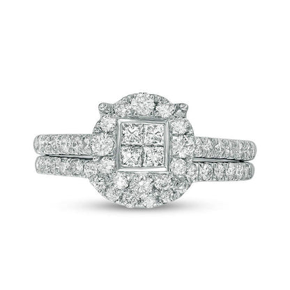 1.0 CT. T.W. Quad Princess-Cut Natural Diamond Frame Bridal Engagement Ring Set in Solid 10K White Gold