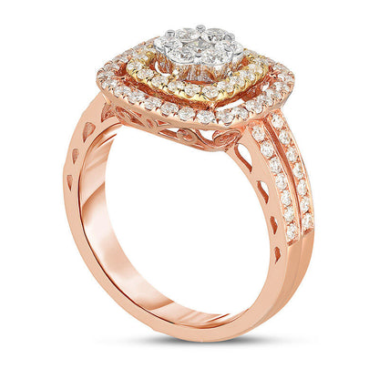 1.0 CT. T.W. Composite Natural Diamond Double Cushion Frame Ring in Solid 14K Tri-Tone Gold