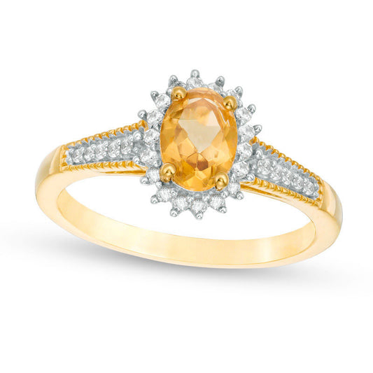 Oval Citrine and Lab-Created White Sapphire Starburst Frame Antique Vintage-Style Ring in Sterling Silver with Solid 14K Gold Plate