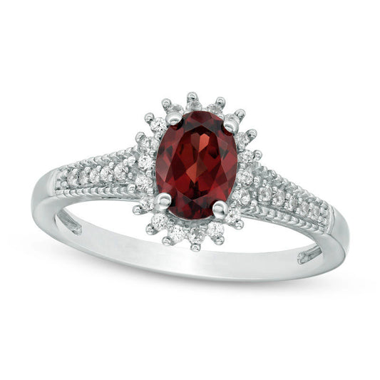 Oval Garnet and Lab-Created White Sapphire Starburst Frame Antique Vintage-Style Ring in Sterling Silver