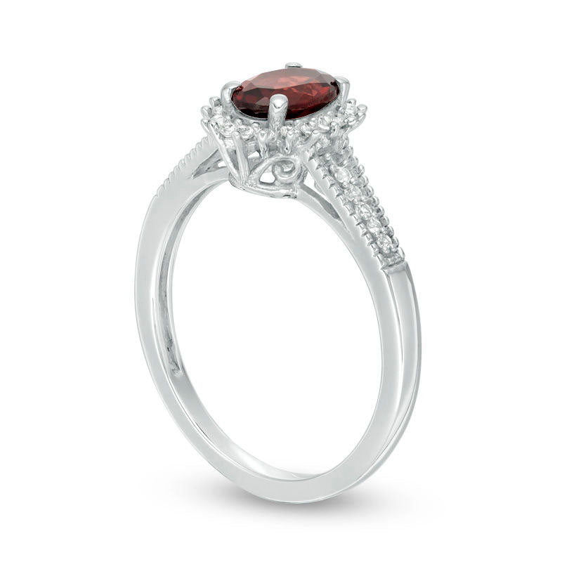 Oval Garnet and Lab-Created White Sapphire Starburst Frame Antique Vintage-Style Ring in Sterling Silver
