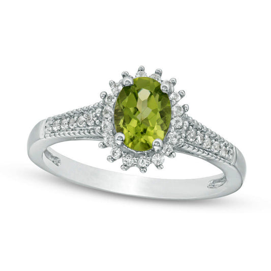 Oval Peridot and Lab-Created White Sapphire Starburst Frame Antique Vintage-Style Ring in Sterling Silver
