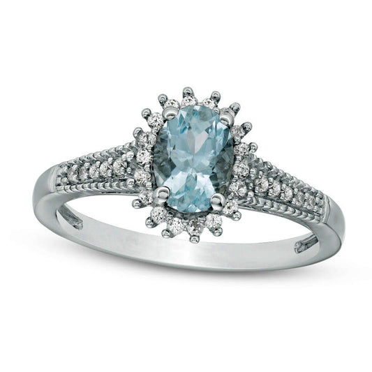 Oval Aquamarine and Lab-Created White Sapphire Starburst Frame Antique Vintage-Style Ring in Sterling Silver