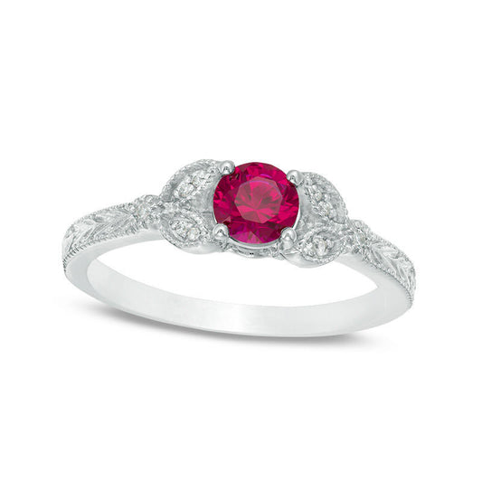 5.0mm Lab-Created Ruby and Diamond Accent Leaf Antique Vintage-Style Ring in Solid 10K White Gold