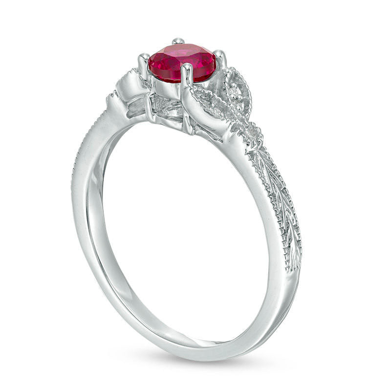 5.0mm Lab-Created Ruby and Diamond Accent Leaf Antique Vintage-Style Ring in Solid 10K White Gold