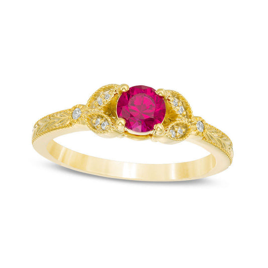 5.0mm Lab-Created Ruby and Diamond Accent Leaf Antique Vintage-Style Ring in Solid 10K Yellow Gold