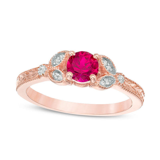5.0mm Lab-Created Ruby and Diamond Accent Leaf Antique Vintage-Style Ring in Solid 10K Rose Gold