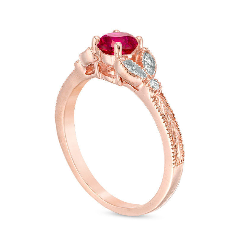 5.0mm Lab-Created Ruby and Diamond Accent Leaf Antique Vintage-Style Ring in Solid 10K Rose Gold