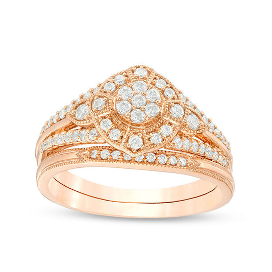 0.50 CT. T.W. Composite Natural Diamond Frame Antique Vintage-Style Bridal Engagement Ring Set in Solid 10K Rose Gold