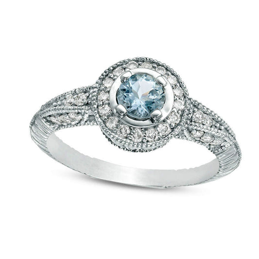 4.5mm Aquamarine and 0.33 CT. T.W. Natural Diamond Frame Antique Vintage-Style Ring in Solid 10K White Gold