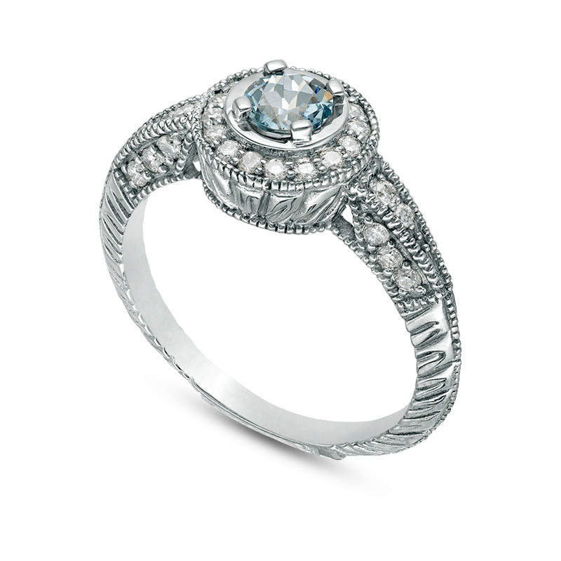 4.5mm Aquamarine and 0.33 CT. T.W. Natural Diamond Frame Antique Vintage-Style Ring in Solid 10K White Gold