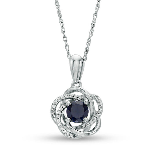 5.0mm Lab-Created Blue Sapphire and 0.1 CT. T.W. Diamond Floral Love Knot Pendant in 10K White Gold