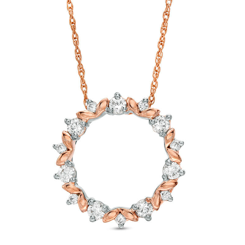 Lab-Created White Sapphire Leaf Motif Circle Pendant in 10K Rose Gold