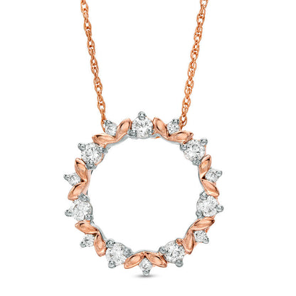 Lab-Created White Sapphire Leaf Motif Circle Pendant in 10K Rose Gold