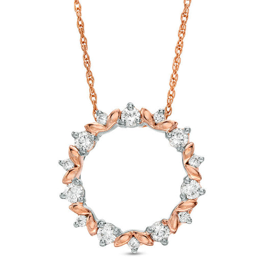 Lab-Created White Sapphire Leaf Motif Circle Pendant in 10K Rose Gold