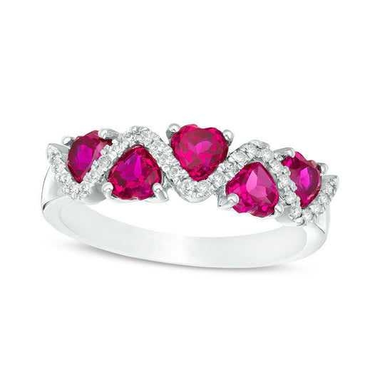 4.5mm Heart-Shaped Lab-Created Ruby and 0.07 CT. T.W. Diamond Zig-Zag Motif Ring in Solid 10K White Gold
