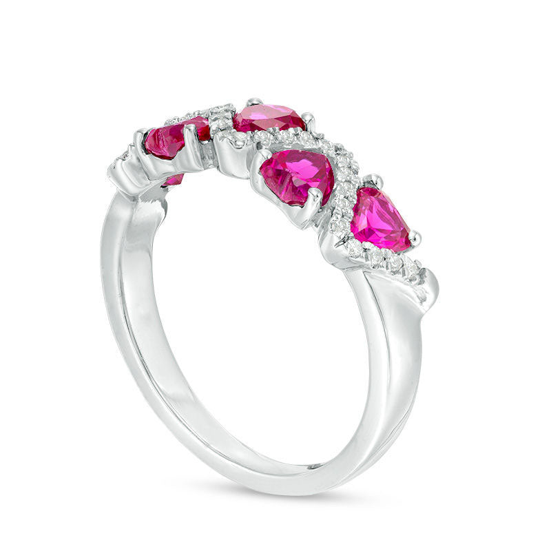 4.5mm Heart-Shaped Lab-Created Ruby and 0.07 CT. T.W. Diamond Zig-Zag Motif Ring in Solid 10K White Gold