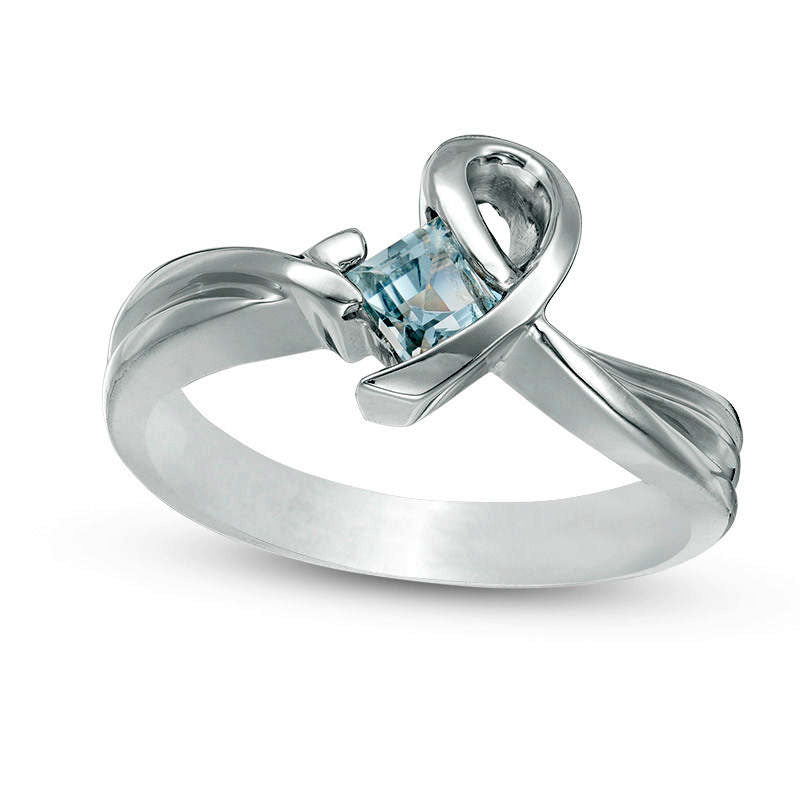 4.5mm Princess-Cut Aquamarine Awareness Ribbon Ring in Solid 10K White Gold