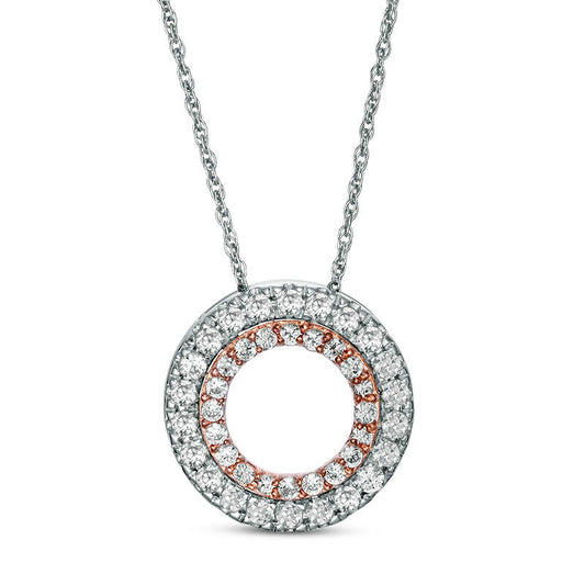 Lab-Created White Sapphire Open Double Circle Pendant in Sterling Silver and 10K Rose Gold