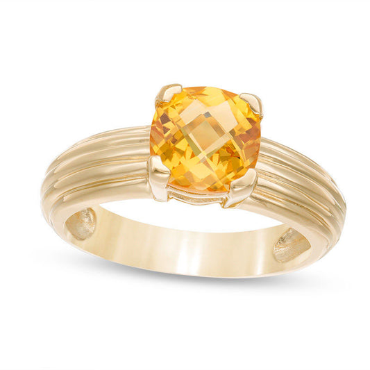 7.0mm Cushion-Cut Citrine Solitaire Ribbed Shank Ring in Solid 10K Yellow Gold