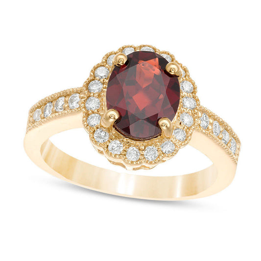 Oval Garnet and 0.33 CT. T.W. Natural Diamond Scallop Frame Antique Vintage-Style Ring in Solid 10K Yellow Gold