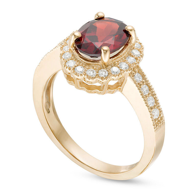 Oval Garnet and 0.33 CT. T.W. Natural Diamond Scallop Frame Antique Vintage-Style Ring in Solid 10K Yellow Gold