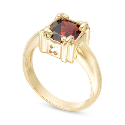 Cushion-Cut Garnet "X" Prong Ring in Solid 10K Yellow Gold