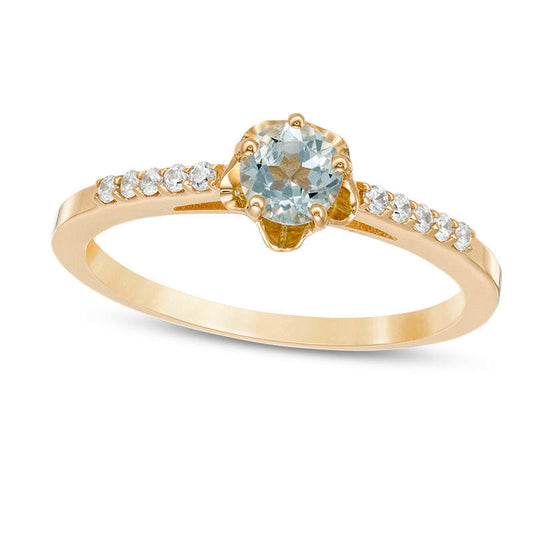 4.5mm Aquamarine and 0.07 CT. T.W. Natural Diamond Flower Ring in Solid 10K Yellow Gold