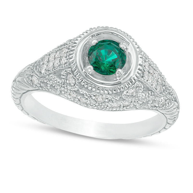 4.5mm Lab-Created Emerald and 0.25 CT. T.W. Diamond Frame Floral Filigree Antique Vintage-Style Ring in Solid 10K White Gold