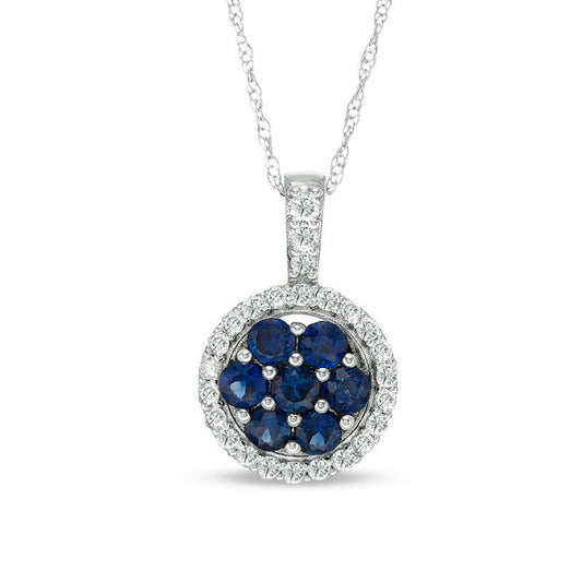Blue Sapphire and 0.2 CT. T.W. Natural Diamond Frame Flower Composite Pendant in 10K White Gold