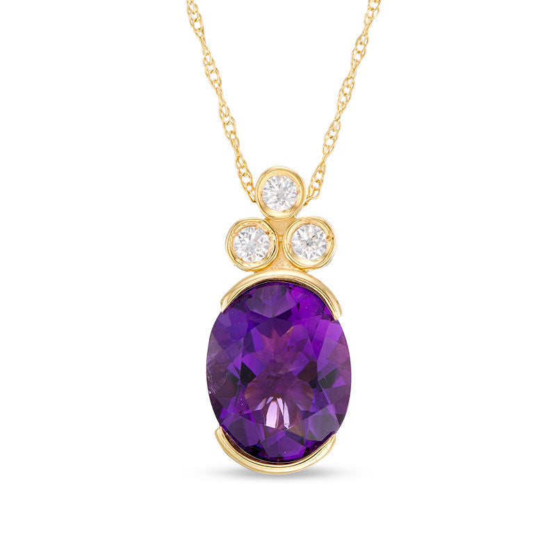 Oval Amethyst and 0.1 CT. T.W. Natural Diamond Tri-Top Pendant in 10K Yellow Gold