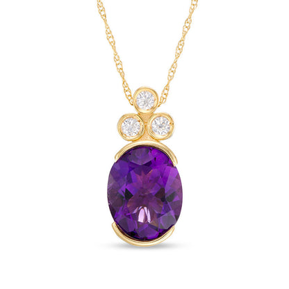 Oval Amethyst and 0.1 CT. T.W. Natural Diamond Tri-Top Pendant in 10K Yellow Gold