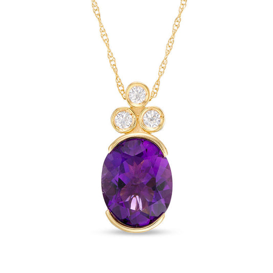 Oval Amethyst and 0.1 CT. T.W. Natural Diamond Tri-Top Pendant in 10K Yellow Gold