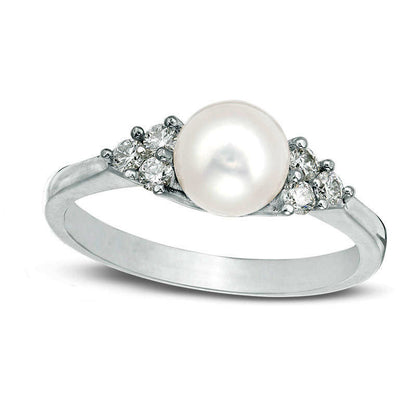 6.5mm Cultured Freshwater Pearl and 0.20 CT. T.W. Natural Diamond Tri-Sides Ring in Sterling Silver