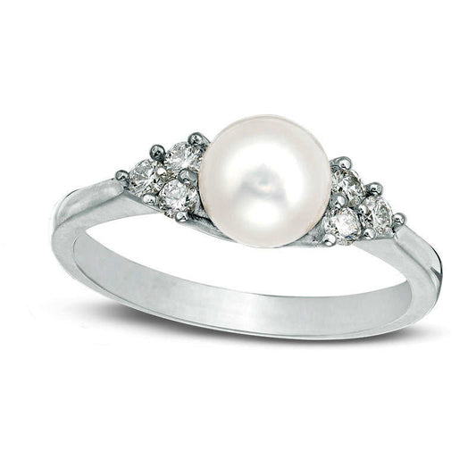 6.5mm Cultured Freshwater Pearl and 0.20 CT. T.W. Natural Diamond Tri-Sides Ring in Sterling Silver