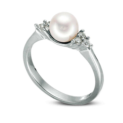 6.5mm Cultured Freshwater Pearl and 0.20 CT. T.W. Natural Diamond Tri-Sides Ring in Sterling Silver
