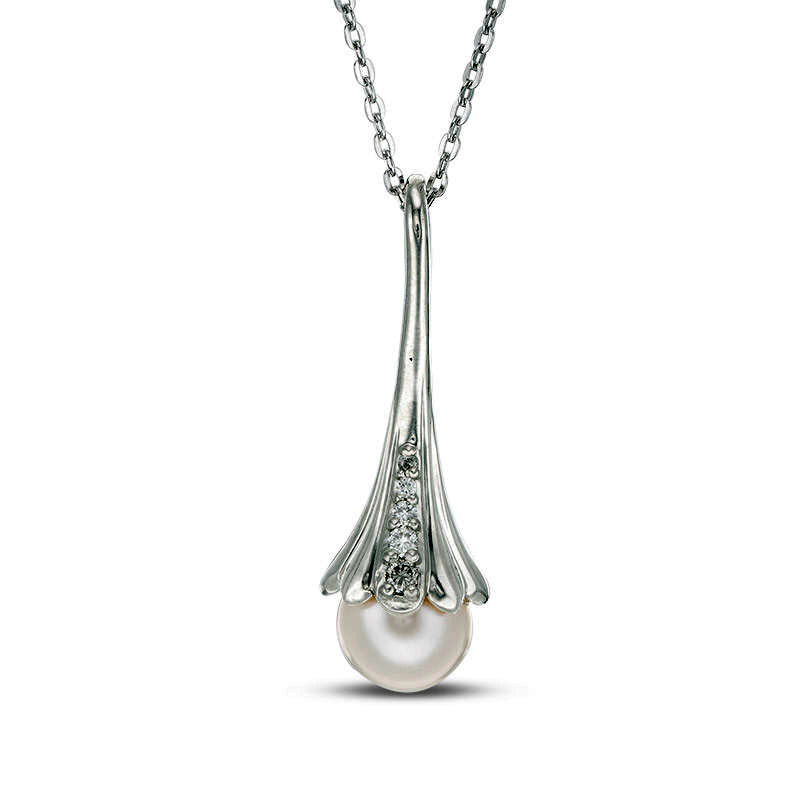7.0mm Cultured Freshwater Pearl and Natural Diamond Accent Flower Drop Pendant in Sterling Silver