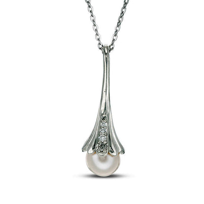 7.0mm Cultured Freshwater Pearl and Natural Diamond Accent Flower Drop Pendant in Sterling Silver