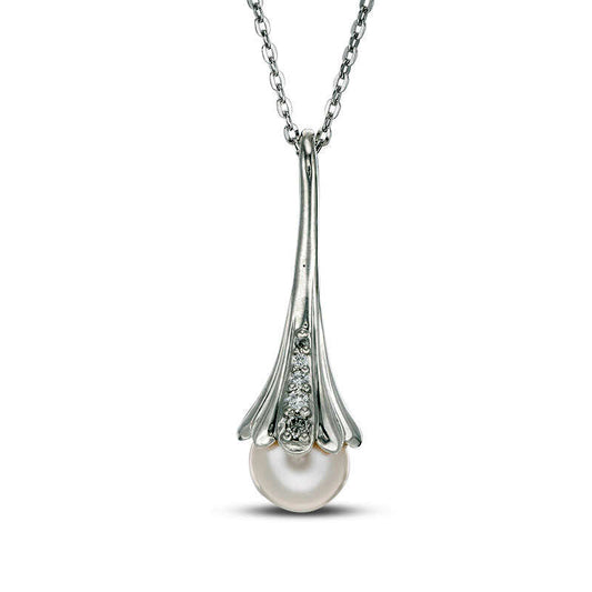 7.0mm Cultured Freshwater Pearl and Natural Diamond Accent Flower Drop Pendant in Sterling Silver