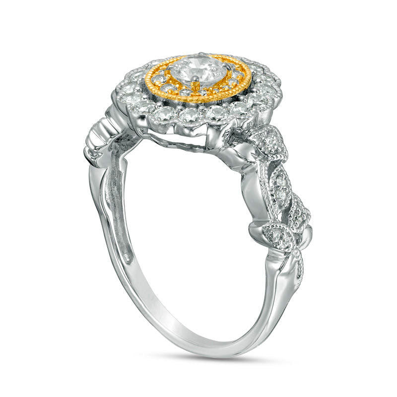 0.63 CT. T.W. Natural Diamond Flower Frame Vine Shank Antique Vintage-Style Engagement Ring in Solid 10K Two-Tone Gold