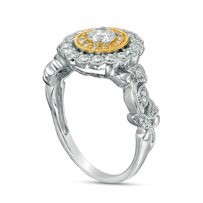 0.63 CT. T.W. Natural Diamond Flower Frame Vine Shank Antique Vintage-Style Engagement Ring in Solid 10K Two-Tone Gold