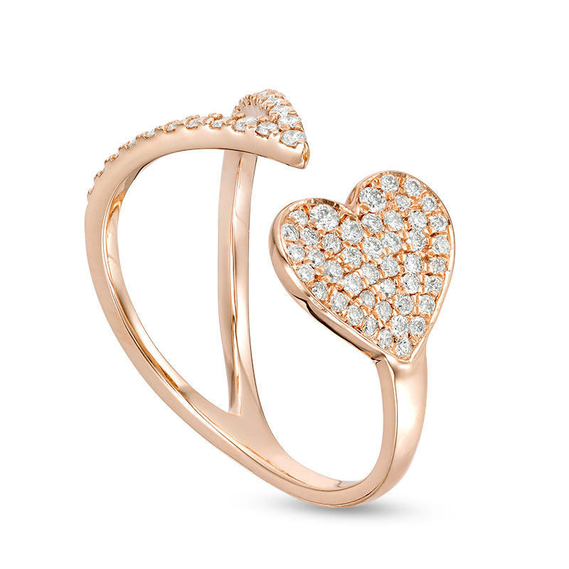 0.33 CT. T.W. Natural Diamond Sideways Heart and Chevron Adjustable Open Ring in Solid 10K Rose Gold