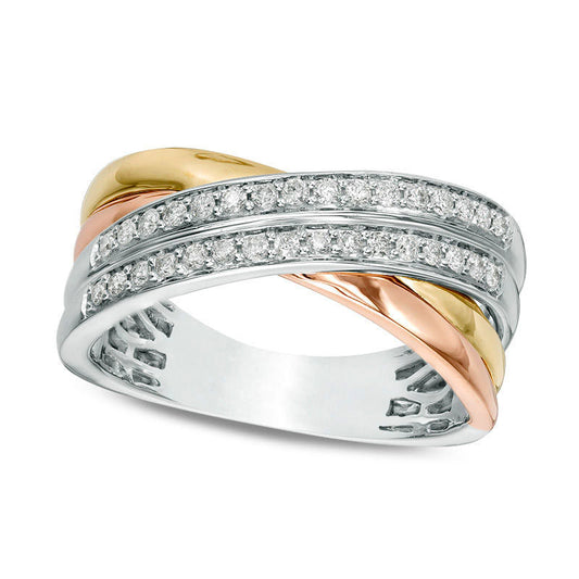 0.25 CT. T.W. Natural Diamond Crossover Ring in Solid 10K Tri-Tone Gold