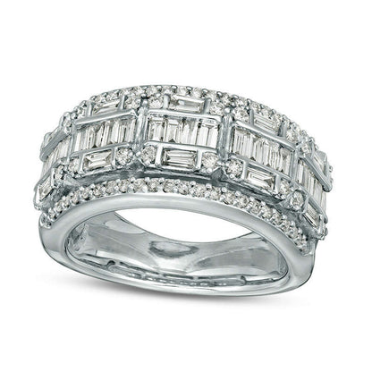 1.0 CT. T.W. Baguette and Round Natural Diamond Multi-Row Band in Solid 10K White Gold