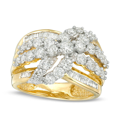 1.5 CT. T.W. Baguette and Round Natural Diamond Multi-Row Crossover Ring in Solid 10K Yellow Gold