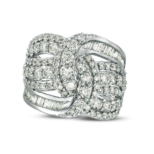 2.0 CT. T.W. Baguette and Round Natural Diamond Loop Multi-Row Ring in Solid 10K White Gold