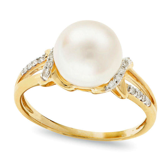 8.5 - 9.0mm Cultured Freshwater Pearl and 0.07 CT. T.W. Natural Diamond Ribbon Wrap Split Shank Ring in Solid 14K Gold