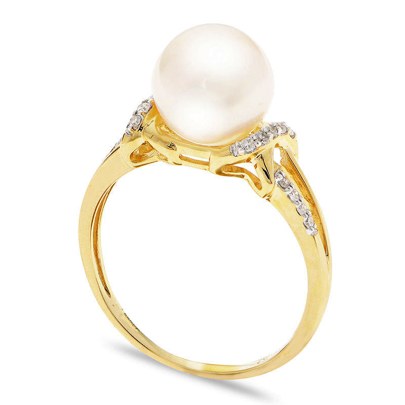 8.5 - 9.0mm Cultured Freshwater Pearl and 0.07 CT. T.W. Natural Diamond Ribbon Wrap Split Shank Ring in Solid 14K Gold