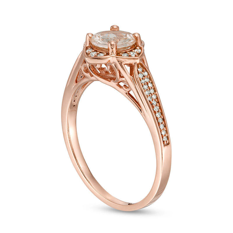 6.0mm Morganite and 0.10 CT. T.W. Natural Diamond Floral Frame Engagement Ring in Solid 10K Rose Gold